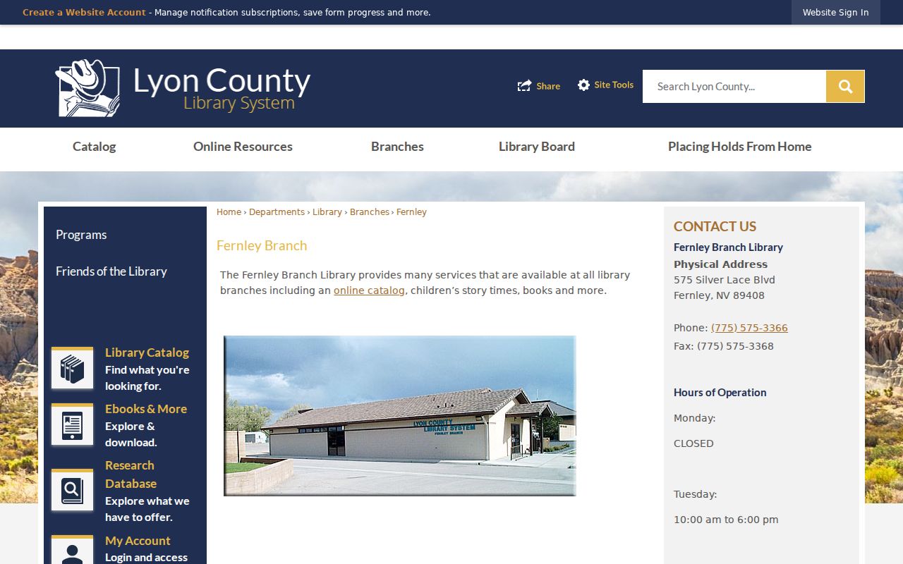 Fernley city directory Fernley Branch Library catalog and local history access