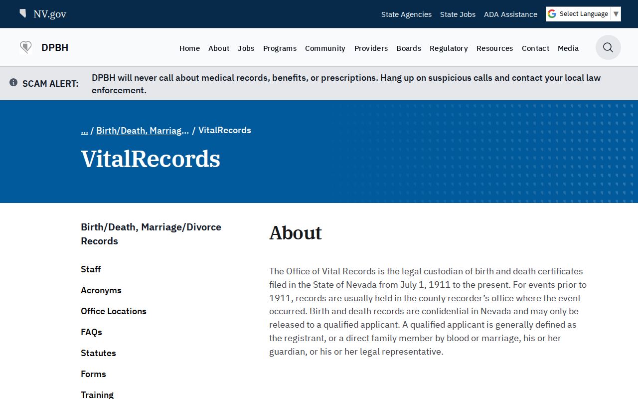 Fernley residents directory Nevada Office of Vital Records access page
