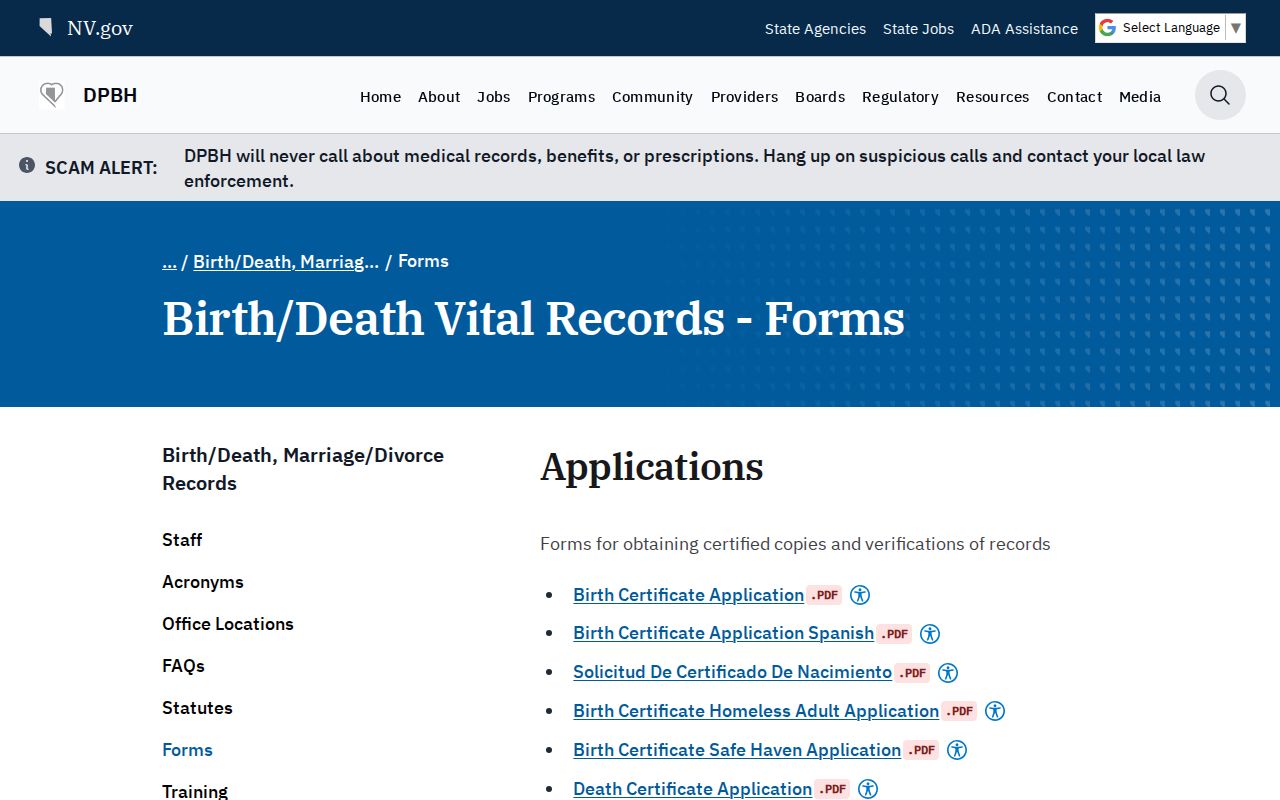 Fernley resident lookup Nevada vital record forms and fee information