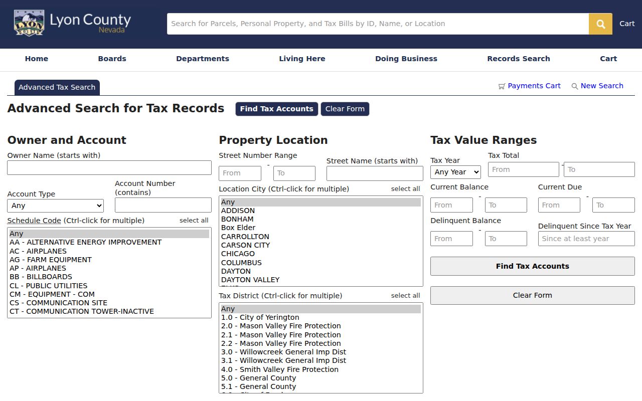 Fernley ZIP code directory Lyon County tax search fields